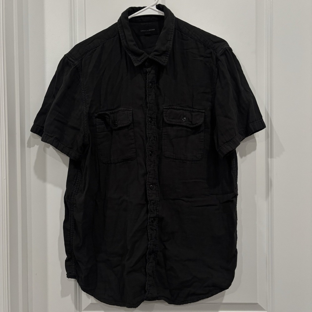 Lucky Brand Shirt Men's Med Black Button Down 100% Cotton Short Sleeve Classic